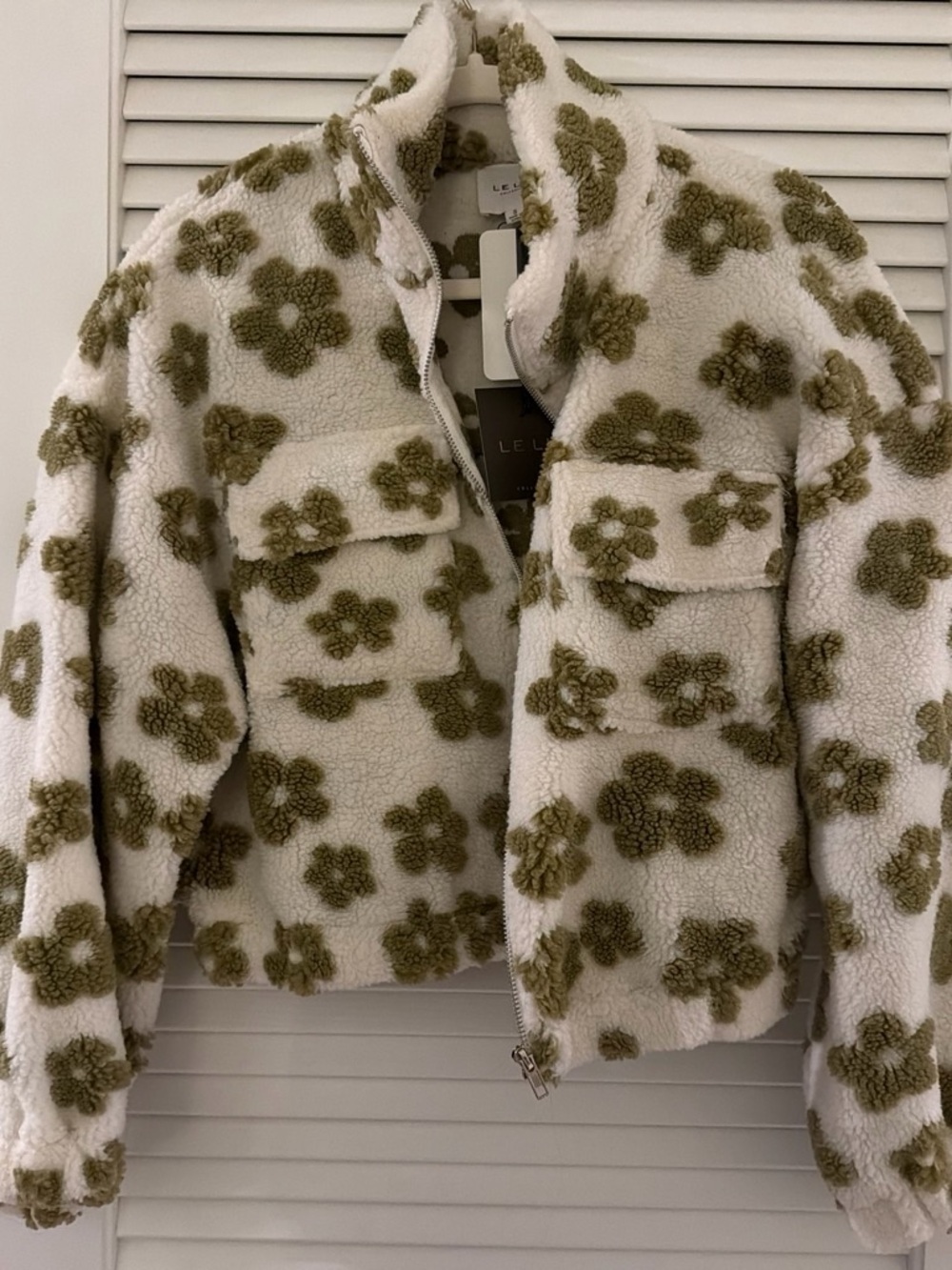 Le Lis Cream Sherpa Jacket with Olive Floral Print